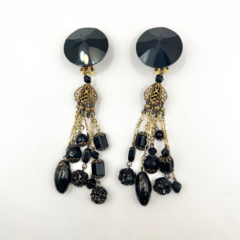 Vintage Black Gold Filigree Chandelier Clip‎ On Earrings Statement Beaded Drop